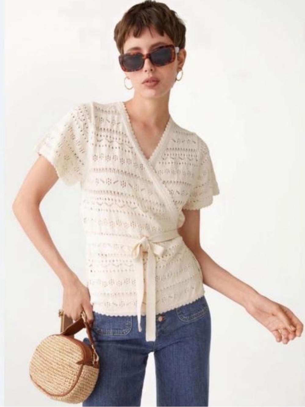 & Other Stories Knit Pointelle Wrap Top Cardigan Cream Off-White Size XS